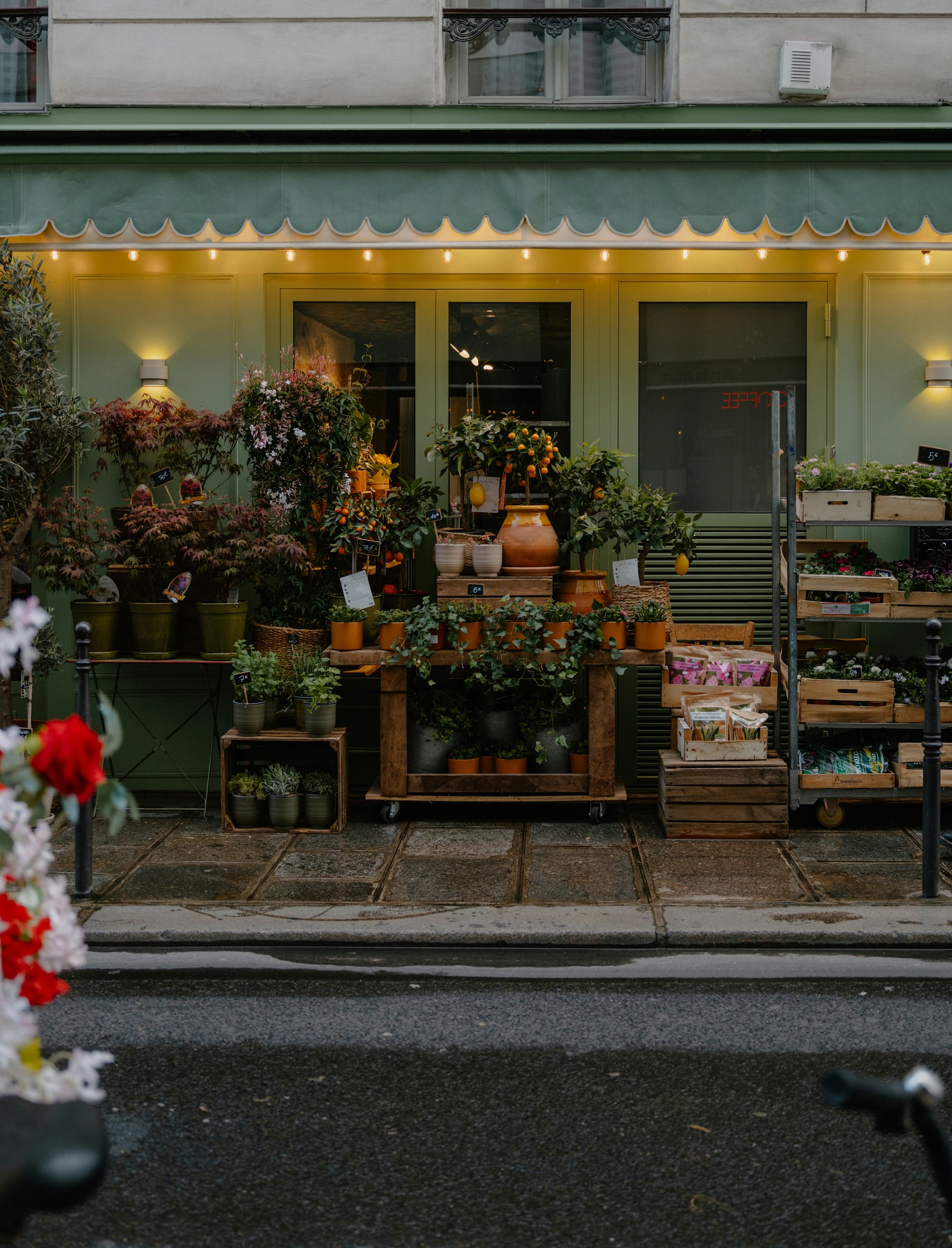 Flower shop front overflowing with plants and flowers